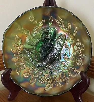 Antique Millersburg Green Carnival Glass Trout And Fly 8 1/2   Ice Cream Bowl • $200