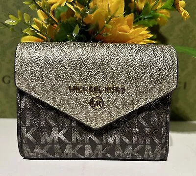 🆕NWT! MICHAEL KORS Jet Set Brown/Pale Gold Charm MD Envelope Trifold Wallet • $75