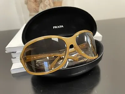 $175 • Buy Prada Sunglasses SPR14G Oversized Wrap Curved Butterfly Honey Brown Gold Logo