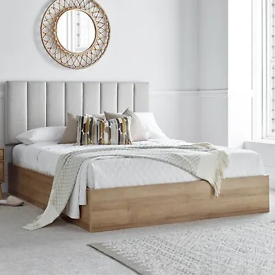 Oak Wood Finish Ottoman Storage Bed Frame With Headboard- Double & King • £399