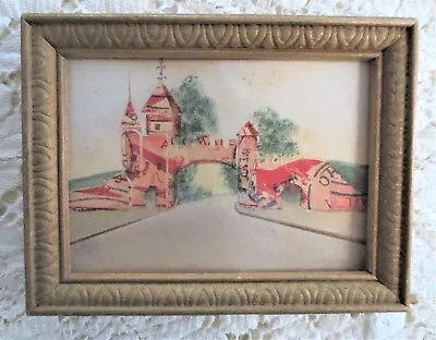 POSTAGE STAMP ART Vintage COLLAGE 4  Frame Hand Painted Watercolor Castle RARE • $38