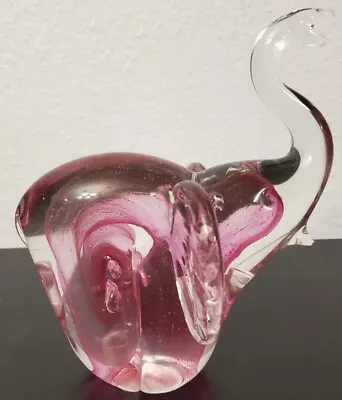 Vintage Hand Blown Murano Style Art Glass Pink & Clear Elephant Raised Trunk 6“ • $25.95