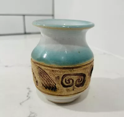 Vintage Miniature Art Pottery Vase 1993 Signed Sam 2.5” Etched Imprinted Blue • $28