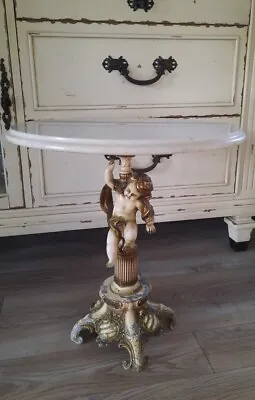 Vintage Ornate Putti Cherub Metal Side Side Table Marble Top Chippy • $125