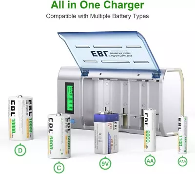 Rechargeable Batteries Charger 4 Ni-MH Size D 10000mAh With LCD Screen A/AAA/C • £23.99