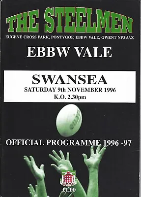 Ebbw Vale v Swansea 9 Nov 1996 Ebbw Vale RUGBY PROGRAMME • £4.99