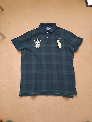 Ralph Lauren Tartan Polo T Shirt Mens Big Pony Green Check Size Large Golf  • £34.99