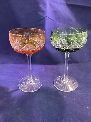 VAL St LAMBERT Crystal - Berncastel Cut - Coloured Hock Glasses - Green & Amber • £34.45