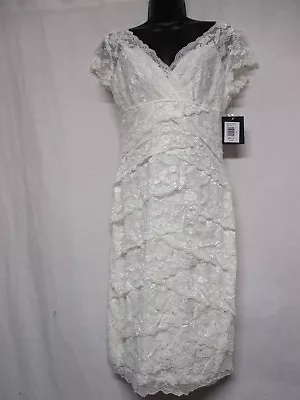 Marina Surplice White Deep V Neck Beaded Lace Cocktail Evening Dress Size 8   S5 • $41.99