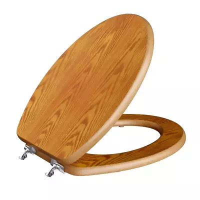 Closed Front Toilet Seat Elongated W/Cover And Chrome Hinge Dark Brown Oak Wood • $66.20