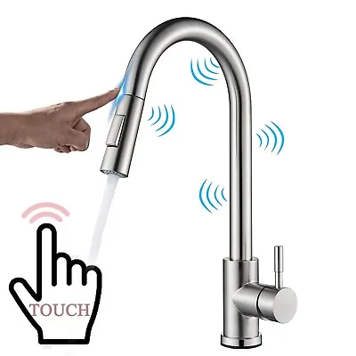 Touch Sensor Kitchen Sink Faucet Brushed Nickel Pull Down Sprayer Swivel Mixer • $36.99