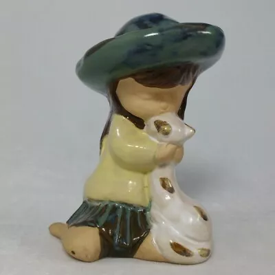 Vintage UCTCI Girl In Blue Hat With Cat Kitten Ceramic Figurine  • $13.95