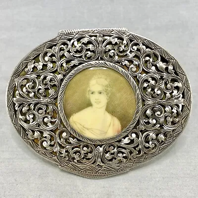 Antique 800 Silver Large Oval Compact With Hand Painted Lady Portrait As Is • $250