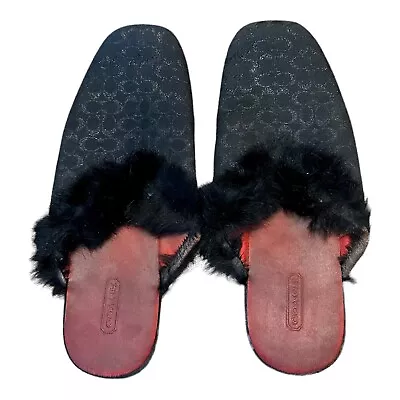 Coach Womens Melody Sparkle Logo Black Slippers Rabbit Fur Trim Flats Vintage 9 • $28