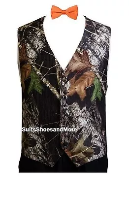 NEW Mens Mossy Oak Camo Tuxedo Vest Blaze Bow Tie Hankie Camouflage REAL POCKETS • $67.95
