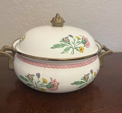 Vintage Brass Handle Cooking Pot With Lid Enamel Floral With Pink Trim Gold Rim • $20