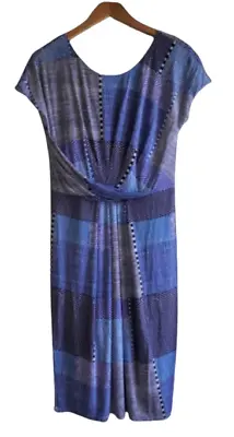 $5 • Buy SPORTSCRAFT Sz 10 Blue Patterned Ruched Pleated Short Sleeve Midi Dress