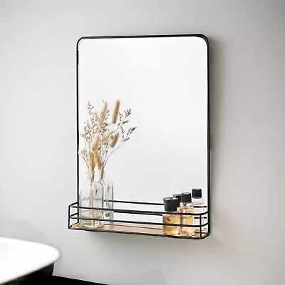 Bathroom Mirror Wood Shelf Metal Frame Mirror Wall Mounted With Cosmetics Shelf • £21.90