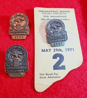 $599 • Buy 1971 Indy 500 - *All Three Pit Badges* - NATO (Rare) - SILVER #2107 BRONZE #8996