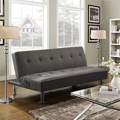 Alden Design Modern Fabric Convertible Futon With USB Charcoal Furniture  Black • $258.88