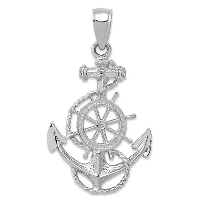 14k 14kt White Gold  Anchor And Wheel Pendant 28.6 Mm X 16.8 Mm • $155