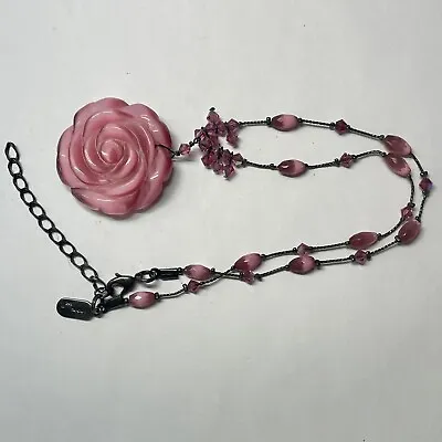 Dabby Reid Necklace Rose Pendant Pink Chain Aurora Borealis Rare Crystal • $20.48