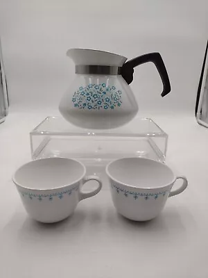 Vintage Corelle Metal Coffee Pot With Two Coffee Cups. • $22