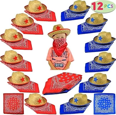 Joyin Toy Pack Of 12 Childs Straw Cowboy Hats With 12 Bandannas (6 Red &6 Blue) • $25