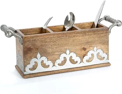 Brown Color Home Decor Heritage Collection Wood And Inlay Metal Flatware Caddy • $99.95