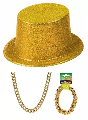 GOLD Glitter Top Hat Faux Cuban Chain & Bracelet Gangster Rich Boy Fancy Dress • £9.99