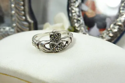 Vintage Sterling Silver Marcasite Celtic Irish Claddagh Ring 925 Size L/6 • $41.74