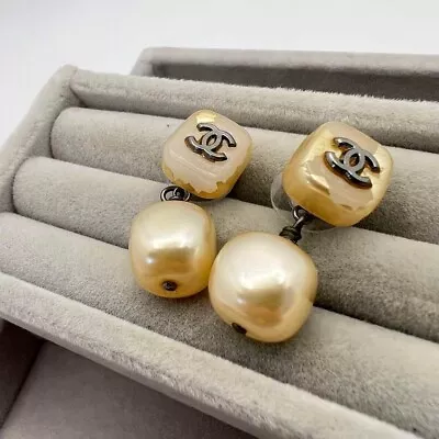 Authentic Chanel Earrings Vintage Rare Engraved 02A Square Pearl Japan 428 110 • $175