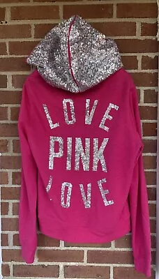 Victoria’s Secret Bling Hoodie Pink All Over Sequin Hood Letters Barbiecore Sz L • $59.99