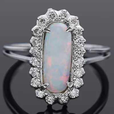 Vintage Opal & 0.40 TCW Diamond 14K White Gold Cocktail Ring Size 8.5 • $599