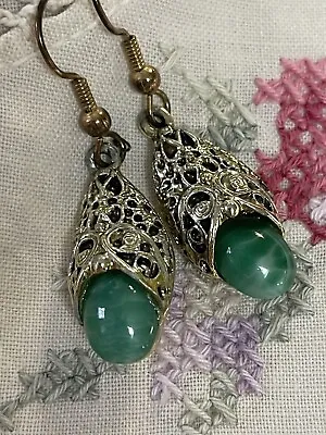 Vintage Faux Jade Silver Tone Filigree Dangle Earrings • $17