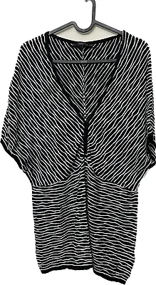 Coast Knit Top Black White Tunic Short Sleeve Stretch V-neck Size 14 • £9.80