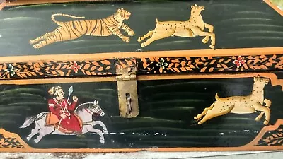 Mughal (Wedding?) Box Hand Painted Hunting/Animal Scenes. • $110