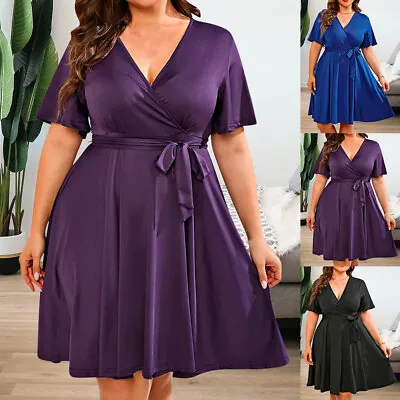 Plus Size Women V Neck Wrap Dress Ladies Short Sleeve Ruffle Swing Party Dress • £14.39