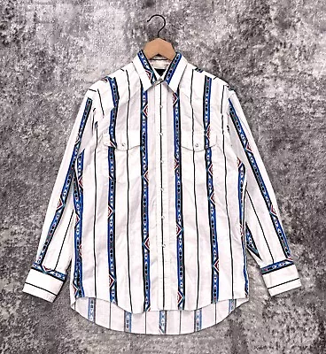 Vintage Wrangler Western Shirt Medium Mens White Aztec Stripe Pearl Snap Rodeo • $39.99