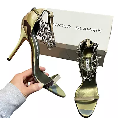 MANOLO BLAHNIK Womens Size 8.5 Camo Crystal Houristra Open Toe Sandals Heels • $299.95