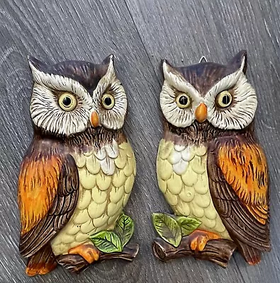 Vintage -LEFTON Ceramic Owl Wall Hanging Decorative Plaque 7” #382 #882 Set Of 2 • $23.99