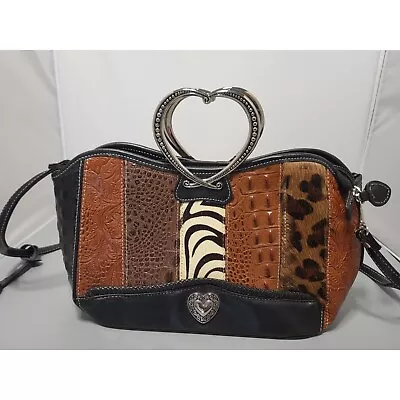 Leather Patchwork Animal Zebra Leopard Print Heart Handle Satchel Purse • £19.29