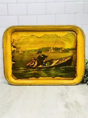 Vintage Handmade Decoupage Litho Print Fisherman Boat Metal Tray Wall Art 10x14” • $29.99