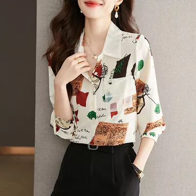 Women Long Sleeve Vintage Print Pocket Button Down Loose Lady Tops Shirt Blouses • $12.36