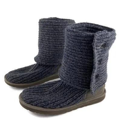 UGG Boots Womens 9 Blue Gray Australia Sheepskin Cardy Knit Crochet 5819 • $34.97