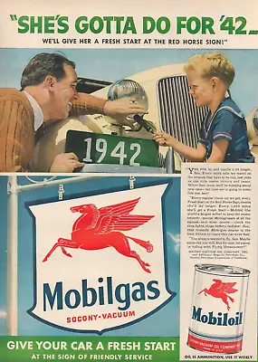 1942 Mobiloil She's Gotta Do For 42 Fresh Start WW2 Era Red Horse Sign Print Ad • $9.99