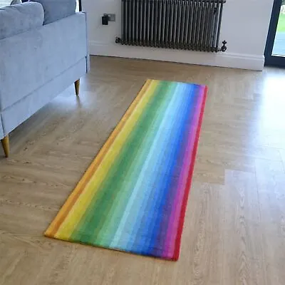 The Rug Seller Multicoloured Rainbow Stripe Carved Block Wool Hallway Runner Rug • £149.99