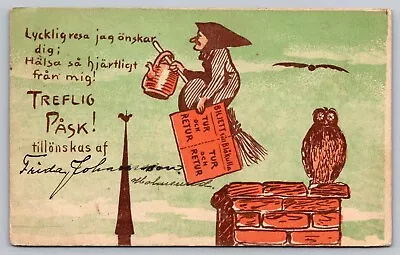 Postcard Swedish Easter Witch With Kettle Paper Flying Over Chimney Owl • $39.95