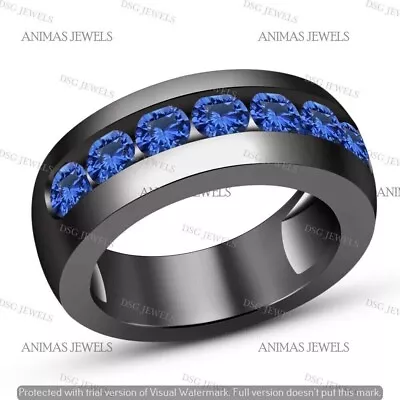Men's 3 Ct Round Lab-Created Sapphire Engagement Band Ring 14K Black Gold Plated • $77.41