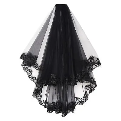 Black Lace Mantilla Bridal Cathedral Birdcage Gothic Veil Wedding With Comb • £12.19